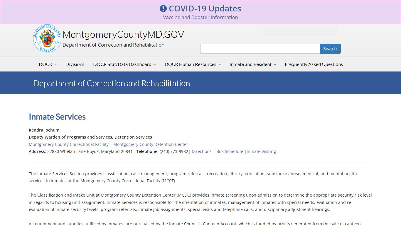 Inmate Services Montgomery County, Maryland Department of Correction ...